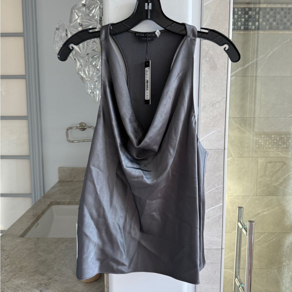 ALICE + OLIVIA Harmon Draped Racerback Blouse In Grey - Picture 5 of 12